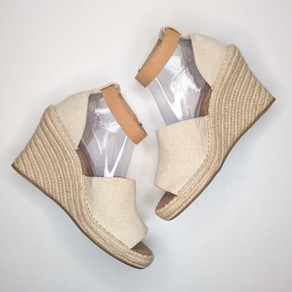 Toms Natural Marisol cream tan peep toe wedge espadrilles canvas leather size 10 - Picture 1 of 8